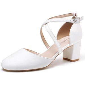Women's White Synthetic Round Toe Cross Strap Low Block Heeled Dress Pumps